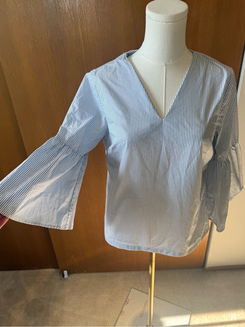 Banana Republic Blue and White Striped V-Neck Bell Sleeve Blouse